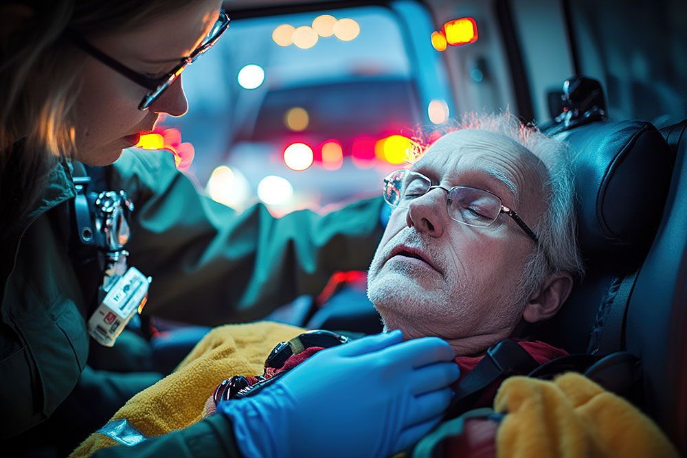 Paramedic attending to an elderly man in an ambulance, nighttime emergency care scene.