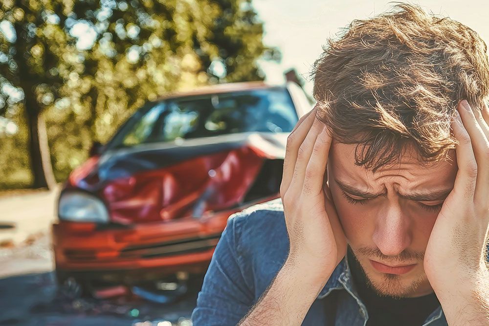 Stressed man holding head in front of damaged car after accident in sunny outdoor setting.