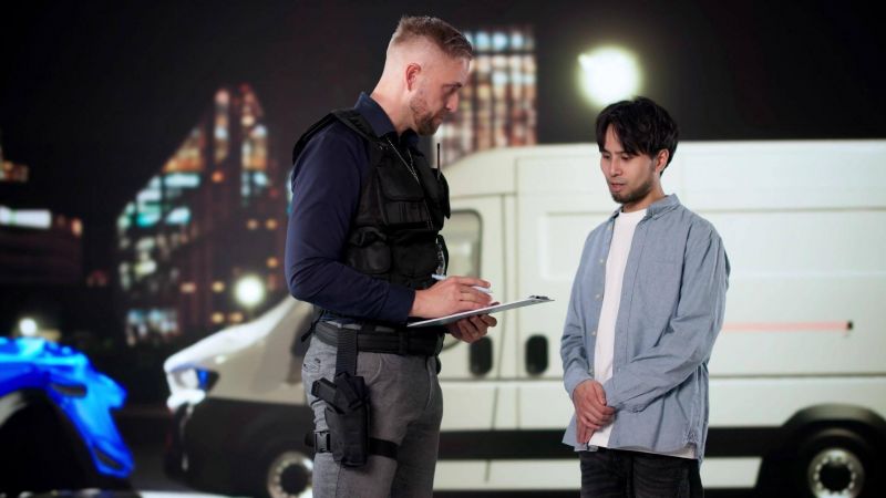 Security officer questioning a person at night near a parked van, with city lights in the background.