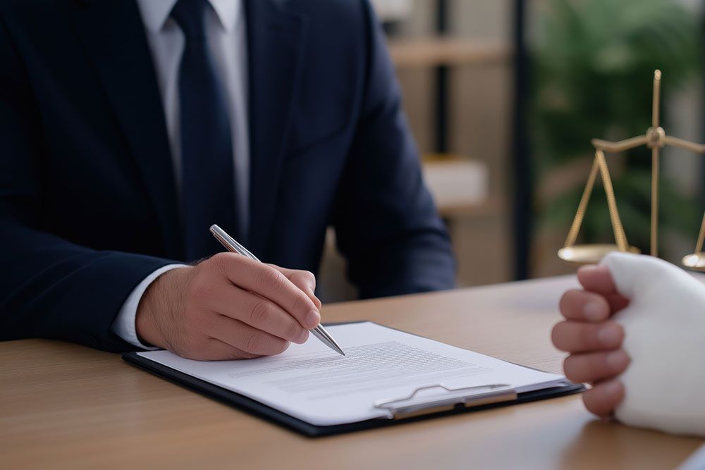 Lawyer signing documents at desk with justice scales, assisting an injured client. Legal consultation and advice session.