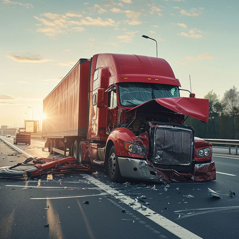 Red truck damaged in a highway accident, debris scattered, early morning light in the background.