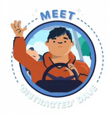 Illustration of Distracted Dave behind the wheel, waving while driving, emphasizing road safety and awareness.