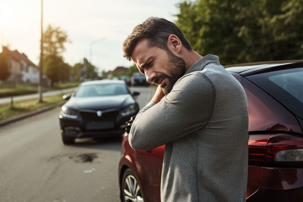 Man with neck pain after car accident on road, holding shoulder.