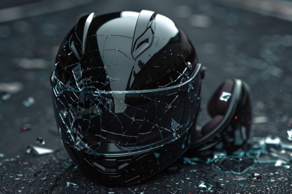 a cracked motorcycle helmet laying on the street after an accident