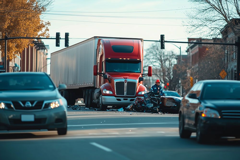 Traffic accident involving a red truck and vehicles at an urban intersection.