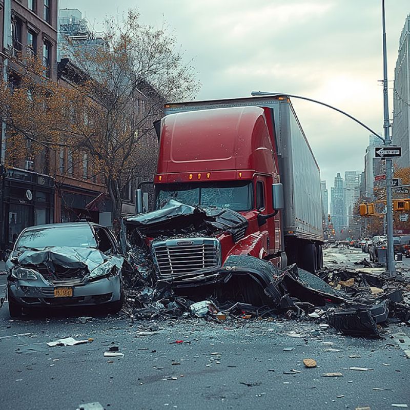 Truck and car collision on city street causing debris and damage, showcasing urban traffic accident scene.
