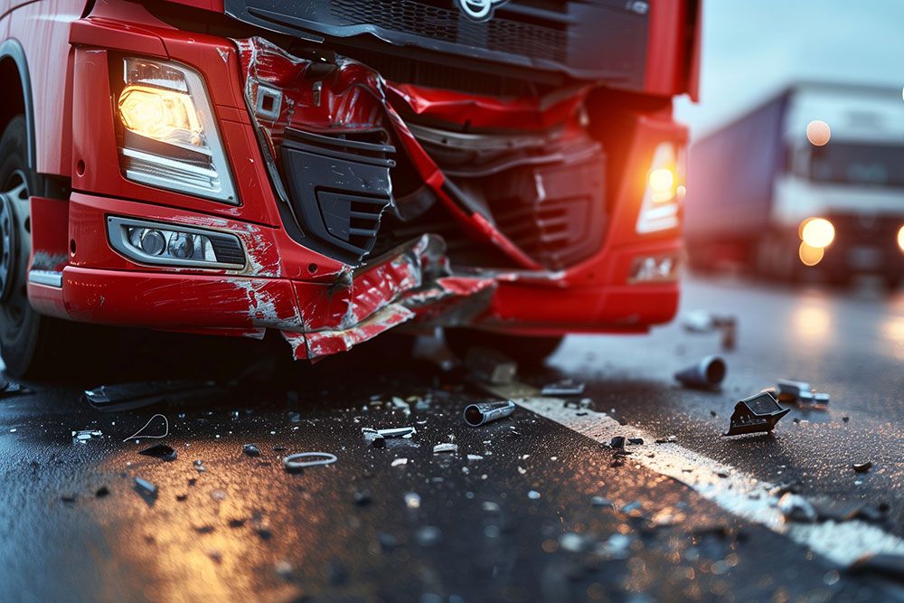 Red truck with damaged front end after collision, debris scattered on a wet road, two trucks in the background.