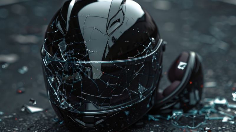 a cracked motorcycle helmet laying on the street after an accident