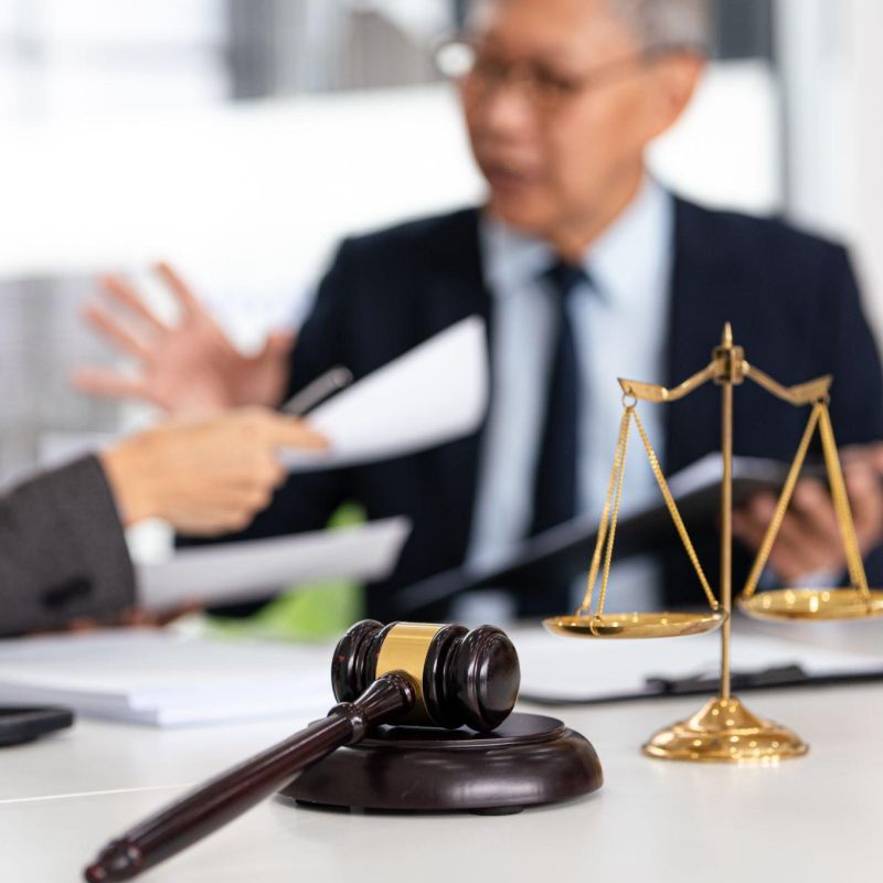 Gavel and scales on desk during legal discussion between professionals at a law office.