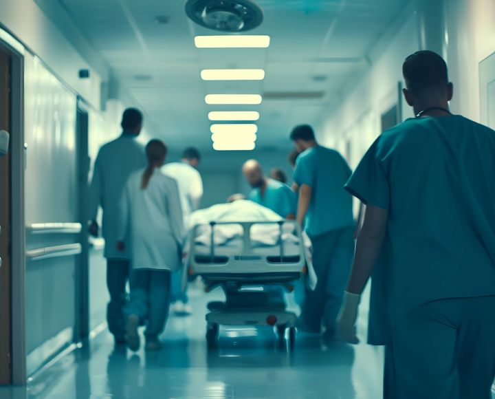 Hospital corridor scene with medical team pushing a patient on a gurney towards an operating room.