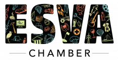 Colorful illustrations fill the letters ESVA with diverse icons like a guitar, crab, lighthouse, and rocket.