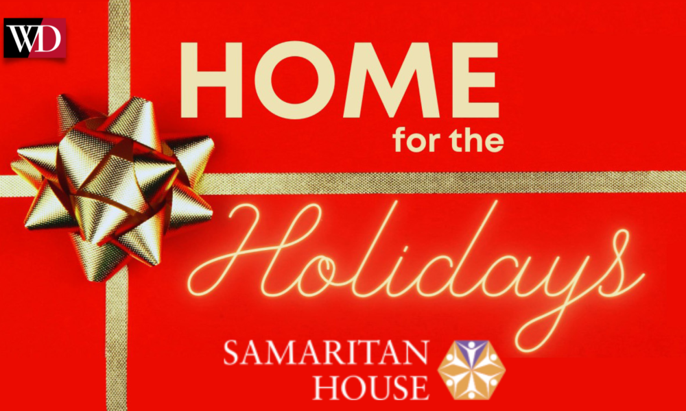 Gráfico de Home for the Holidays con lazo dorado sobre fondo rojo, que promociona el evento Samaritan House.
