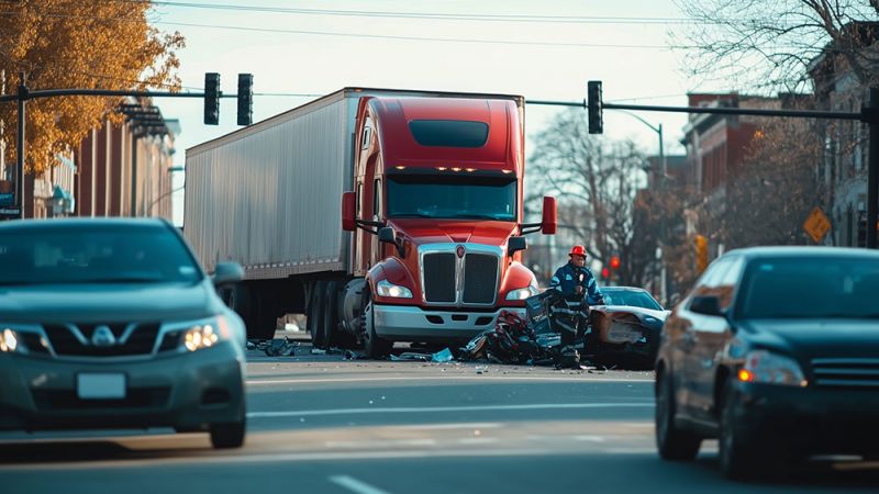 Traffic accident involving a red truck and vehicles at an urban intersection.