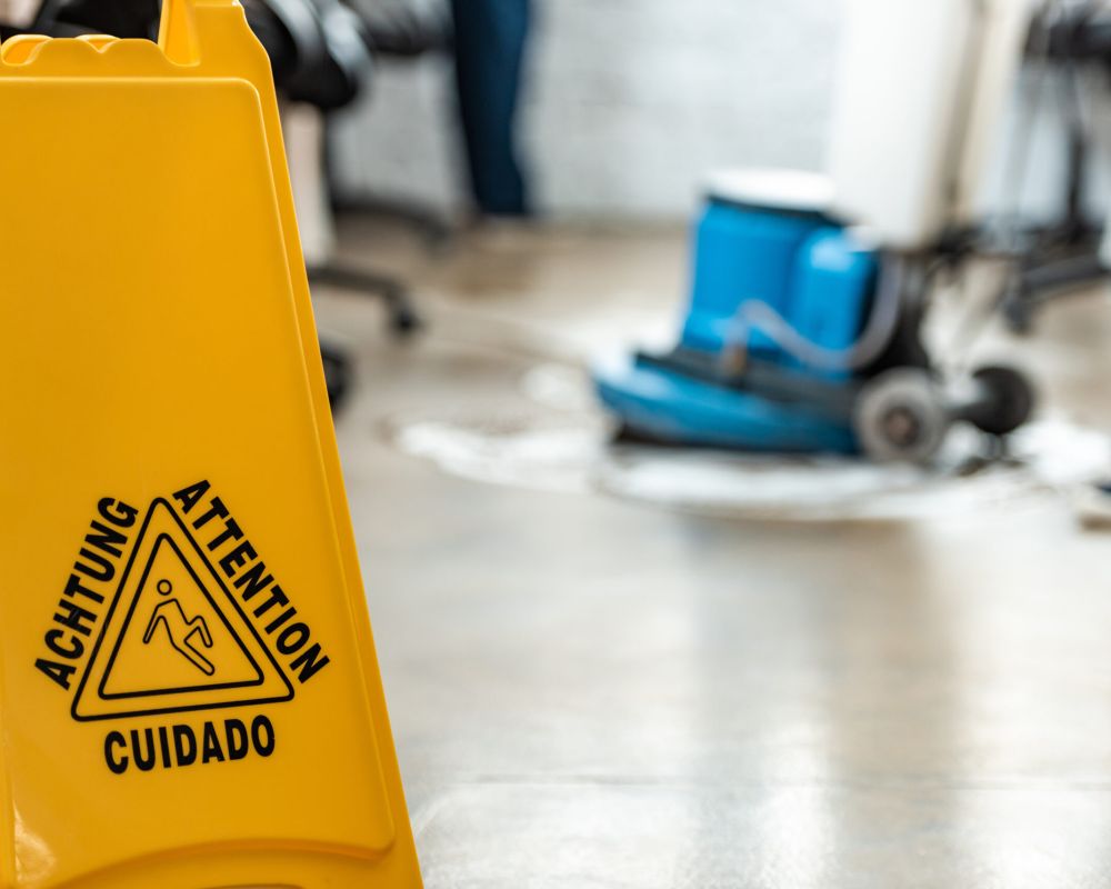 Yellow caution sign on wet floor near cleaning machine in office setting.