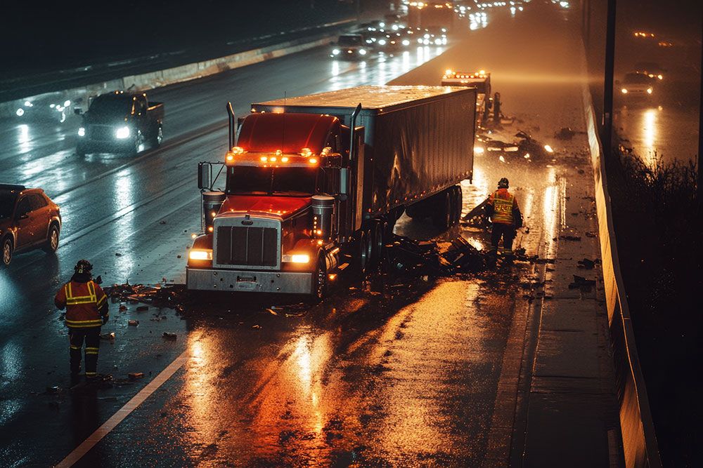 Truck accident cleanup at night on wet highway with emergency workers managing debris.
