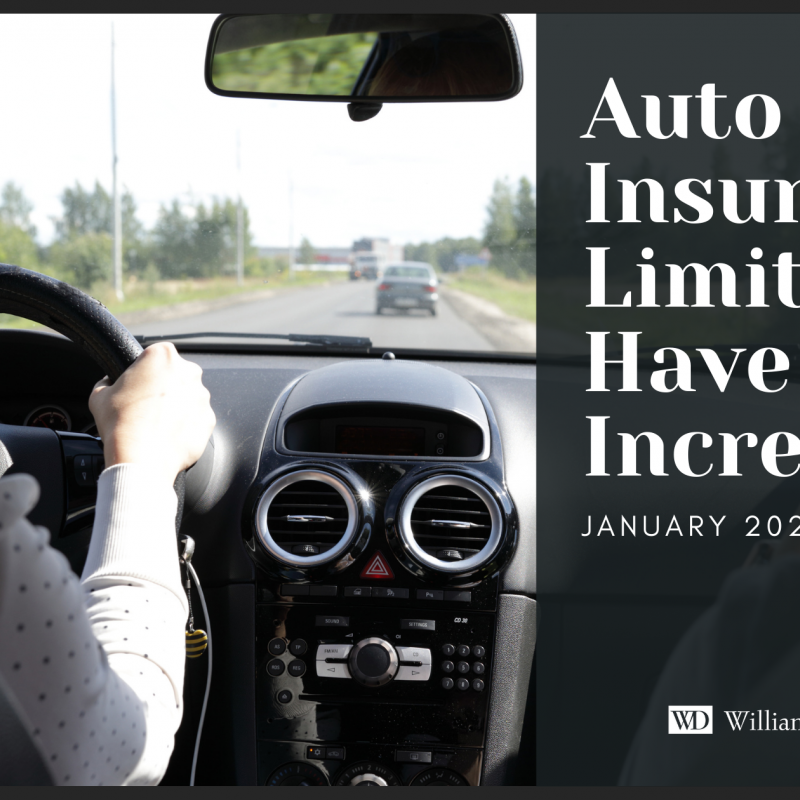 Person driving a car with text: Auto Insurance Limits Have Increased, January 2022.