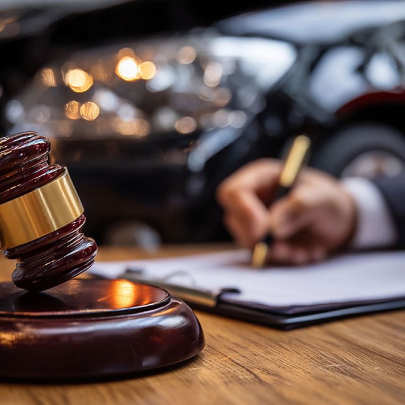 Gavel on table with person writing, car accident background. Legal steps after auto collision.