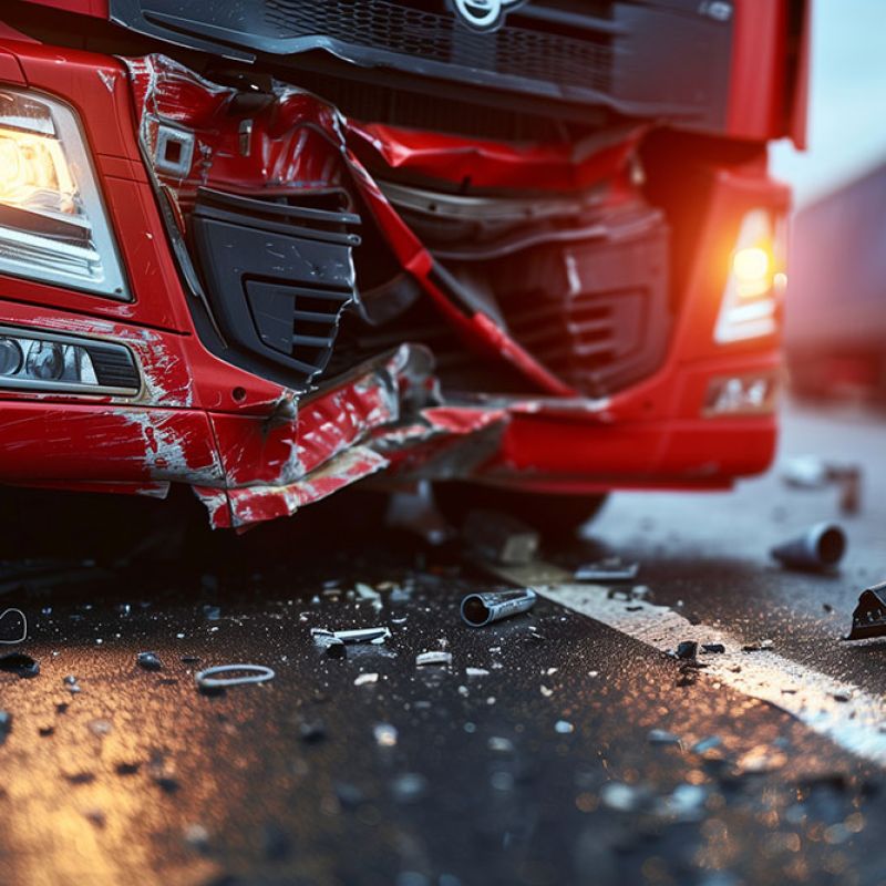 Red truck with damaged front end after collision, debris scattered on a wet road, two trucks in the background.