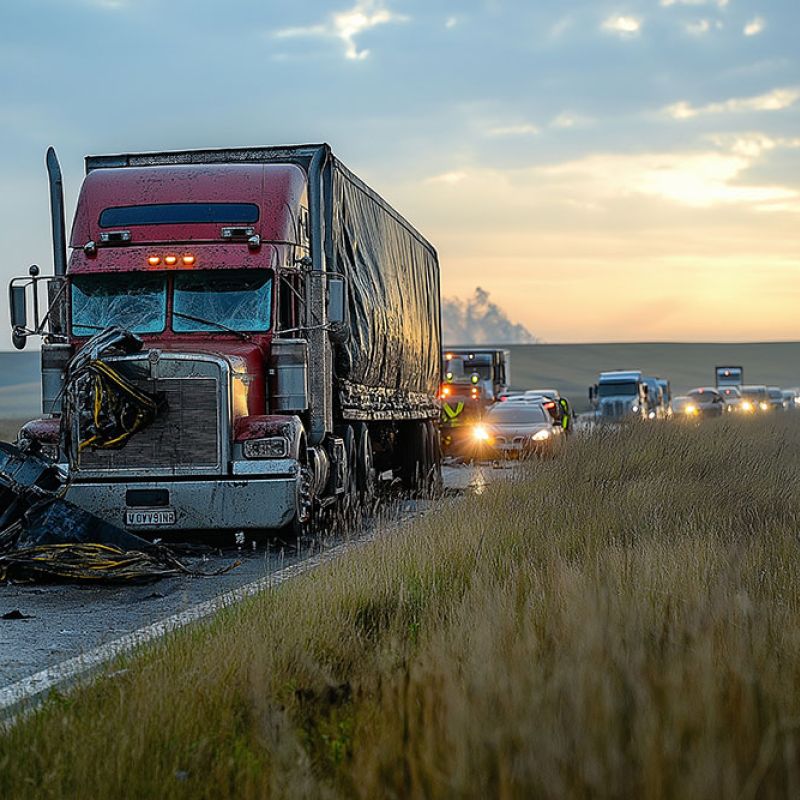 Damaged truck on highway at sunrise with backed-up traffic and open fields.