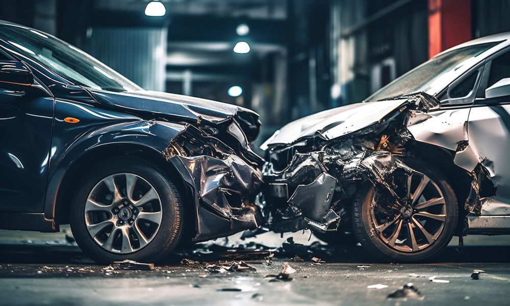 Two damaged cars collide head-on in a nighttime accident scene, highlighting vehicle crash impact.