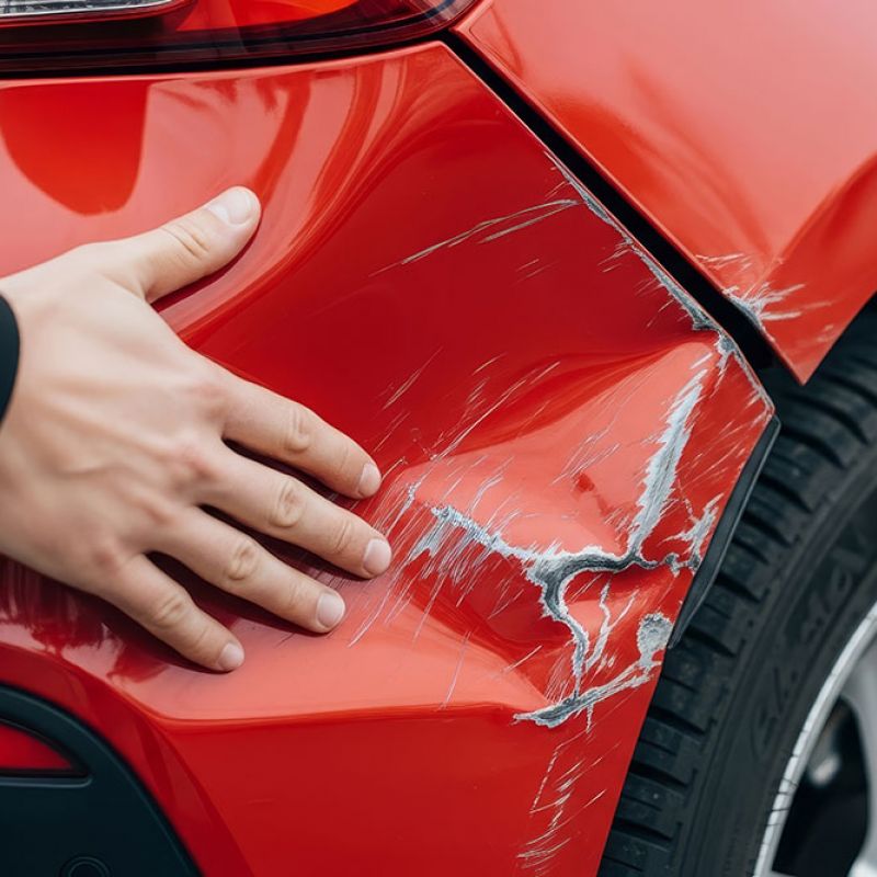 Hand inspecting scratched red car bump for damage assessment, focusing on repairs or car maintenance.