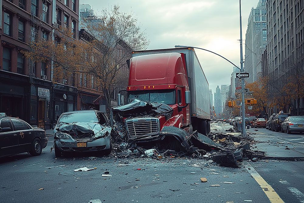 Truck and car collision on city street causing debris and damage, showcasing urban traffic accident scene.
