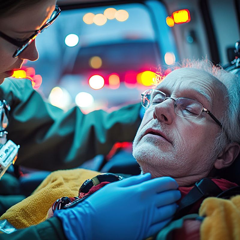 Paramedic attending to an elderly man in an ambulance, nighttime emergency care scene.