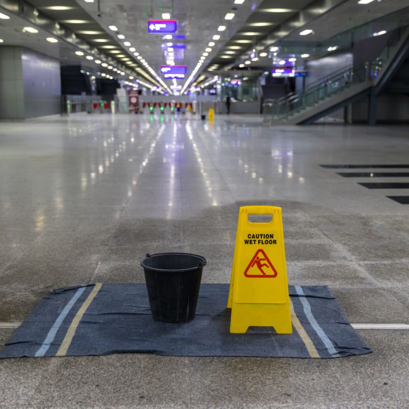 Caution wet floor sign and bucket on slick surface; Williams DeLoatche urges photo documentation in slip-and-fall cases.
