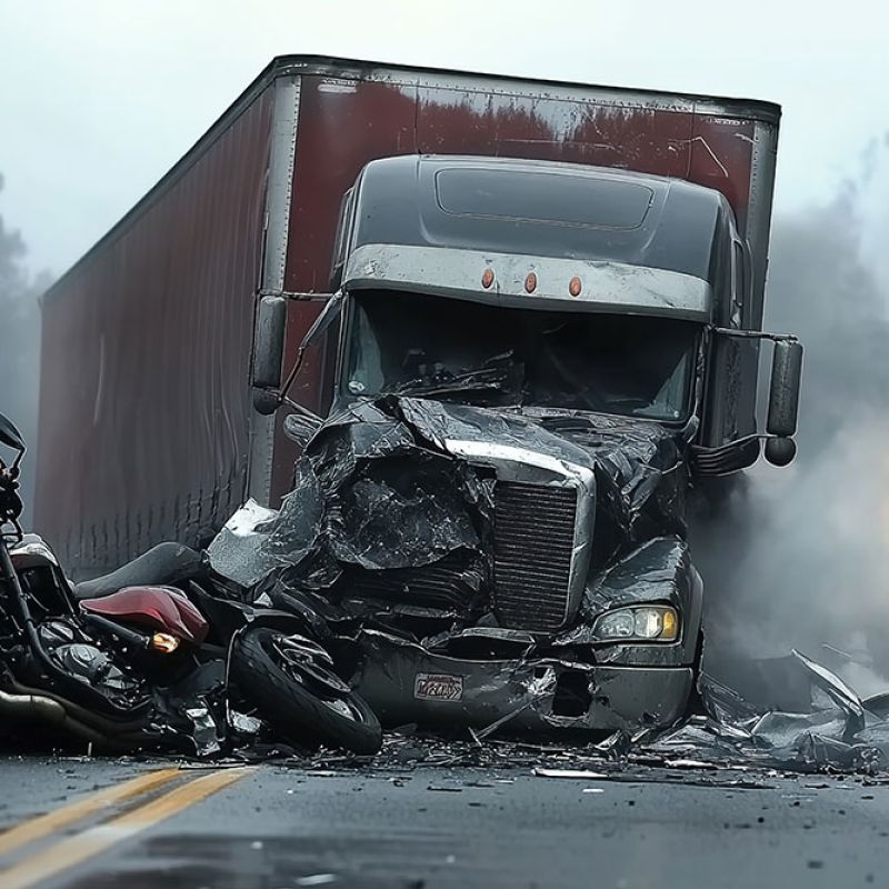 Truck and motorcycle collision on foggy road, debris scattered, illustrating road accident dangers and vehicle safety risks.