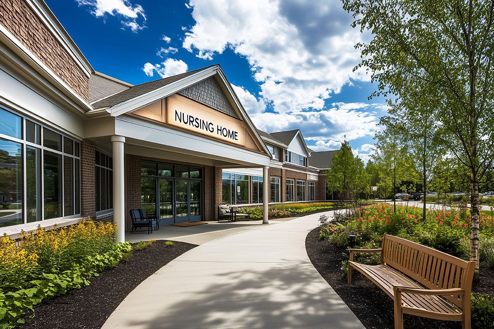 Inviting nursing home entrance with gardens, benches, and clear blue sky, highlighting a welcoming and serene atmosphere.