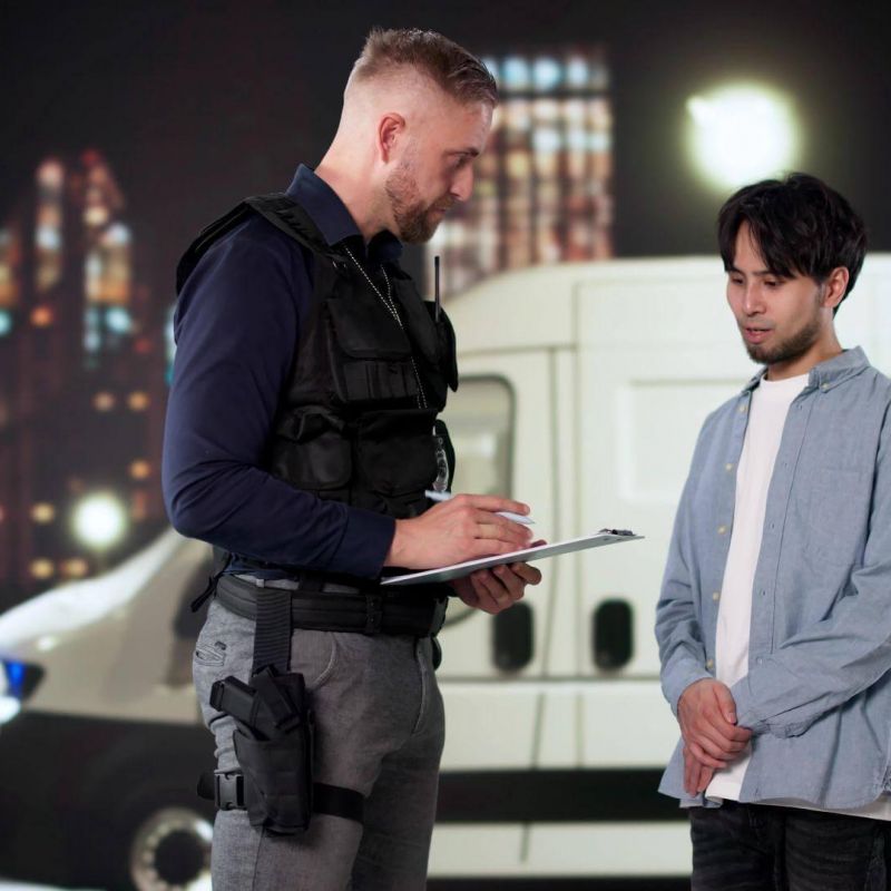 Security officer questioning a person at night near a parked van, with city lights in the background.