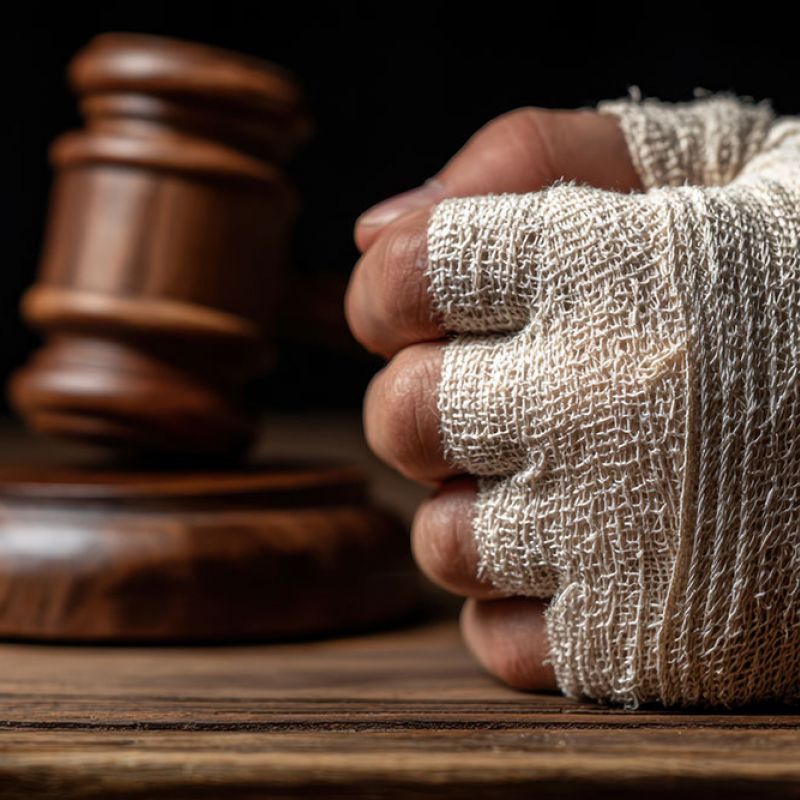 Injured hand wrapped in bandage beside judge's gavel on wooden table. Legal justice and personal injury concept.