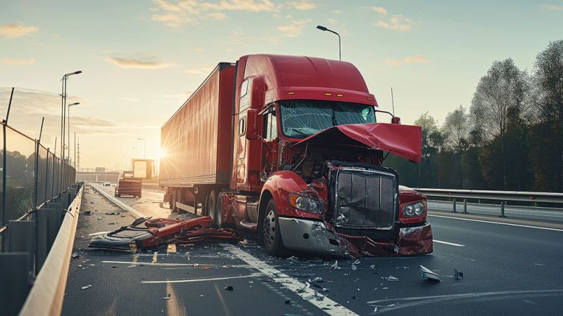 Red truck damaged in a highway accident, debris scattered, early morning light in the background.