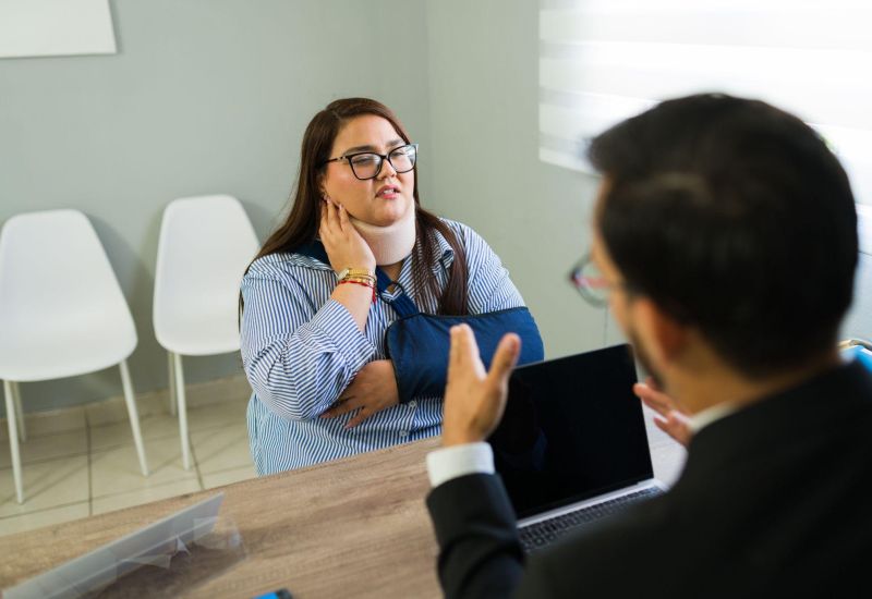 Woman with neck brace and arm sling consults a lawyer in an office setting.