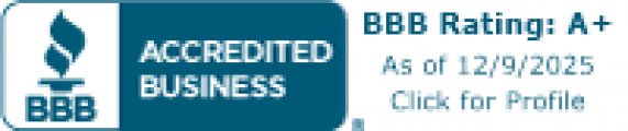 BBB Accredited Business logo with A+ rating, valid until 12/9/2025. Click for profile.
