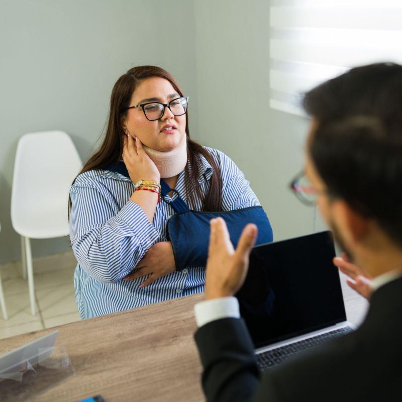 Woman with neck brace and arm sling consults a lawyer in an office setting.