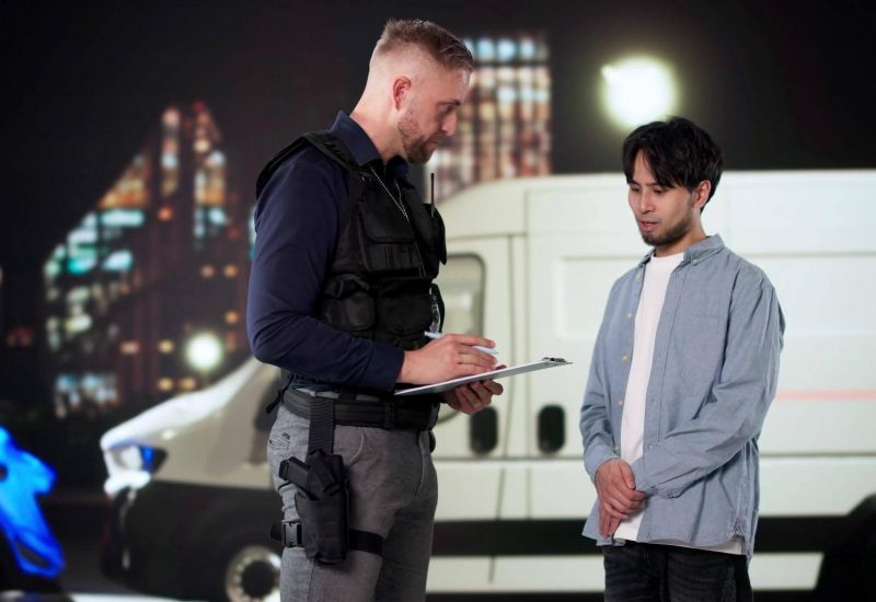Security officer questioning a person at night near a parked van, with city lights in the background.