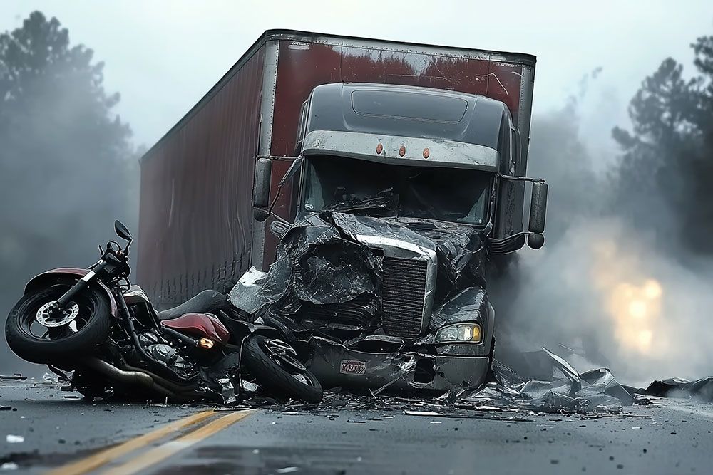 Truck and motorcycle collision on foggy road, debris scattered, illustrating road accident dangers and vehicle safety risks.