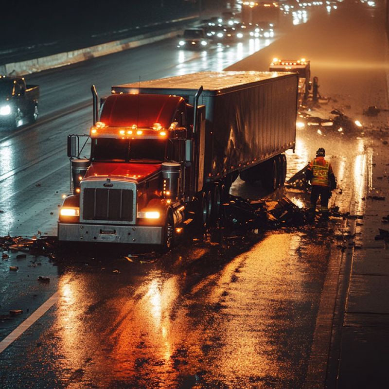 Truck accident cleanup at night on wet highway with emergency workers managing debris.