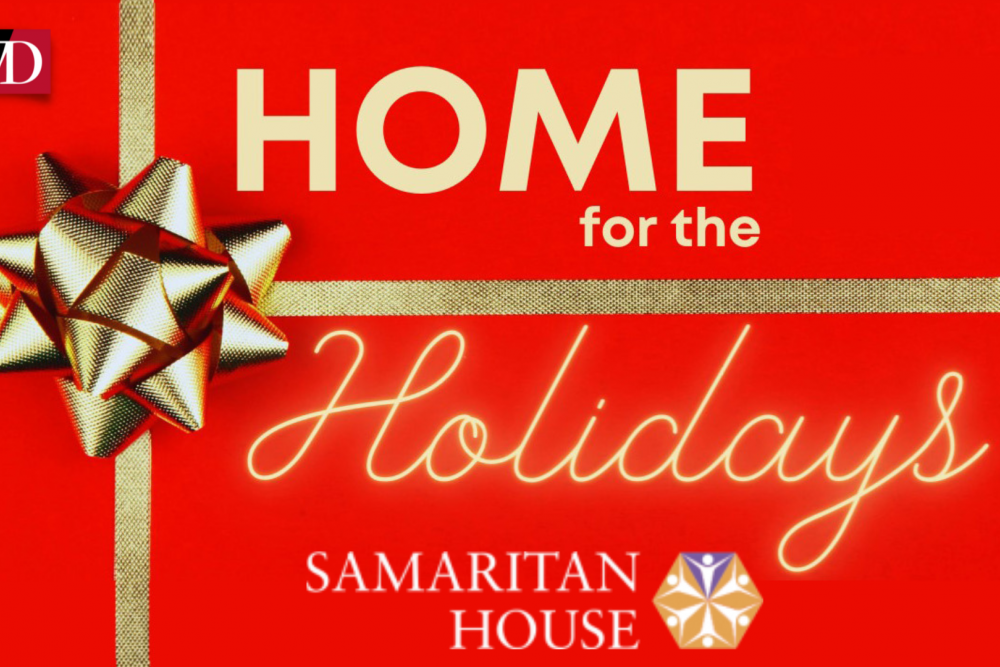 Home for the Holidays graphic with gold bow on red background, promoting Samaritan House event.