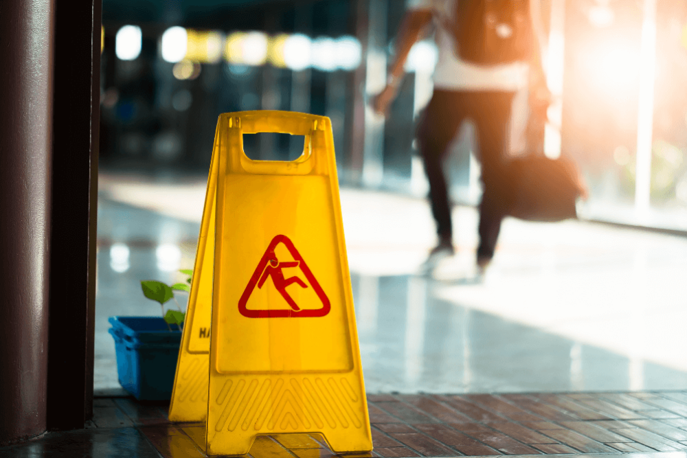 A yellow caution sign indicating a slip hazard stands on a polished floor, while a person with a bag walks past in a well-lit indoor area. A small plant is nearby.