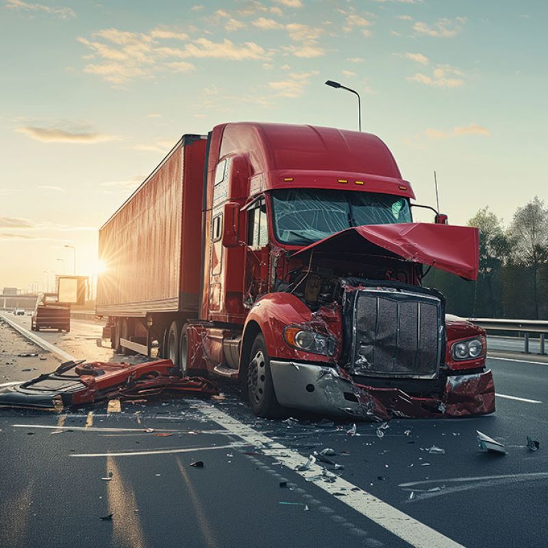 Red truck damaged in a highway accident, debris scattered, early morning light in the background.