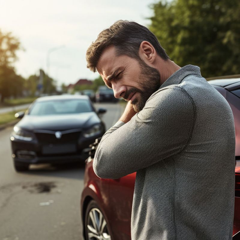 Man with neck pain after car accident on road, holding shoulder.
