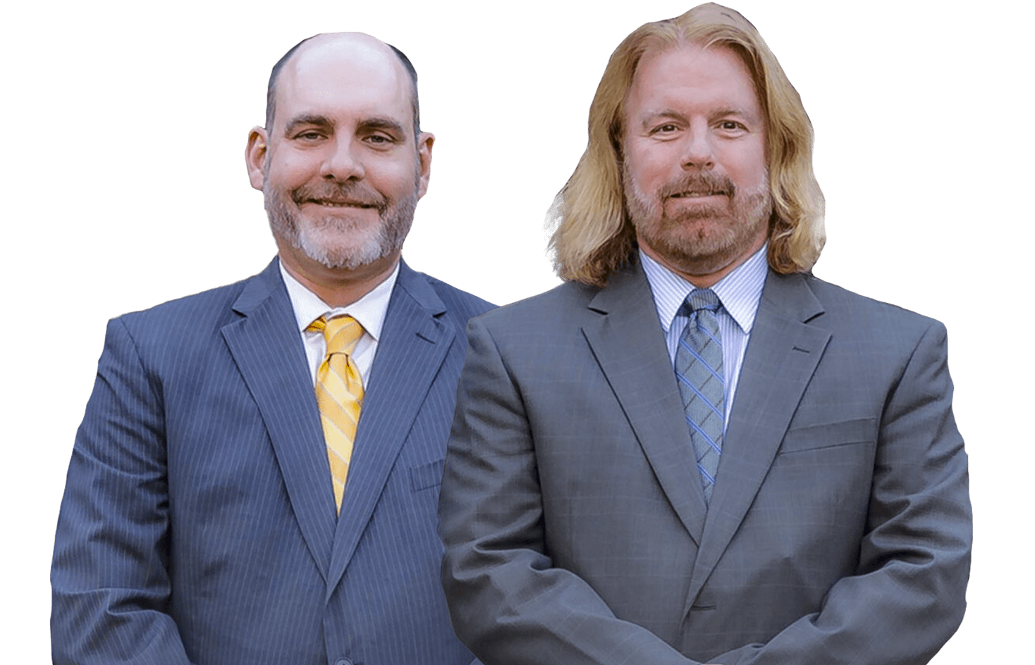 Two businessmen in suits smiling, one with a yellow tie, the other with a blue tie, standing against a plain background.