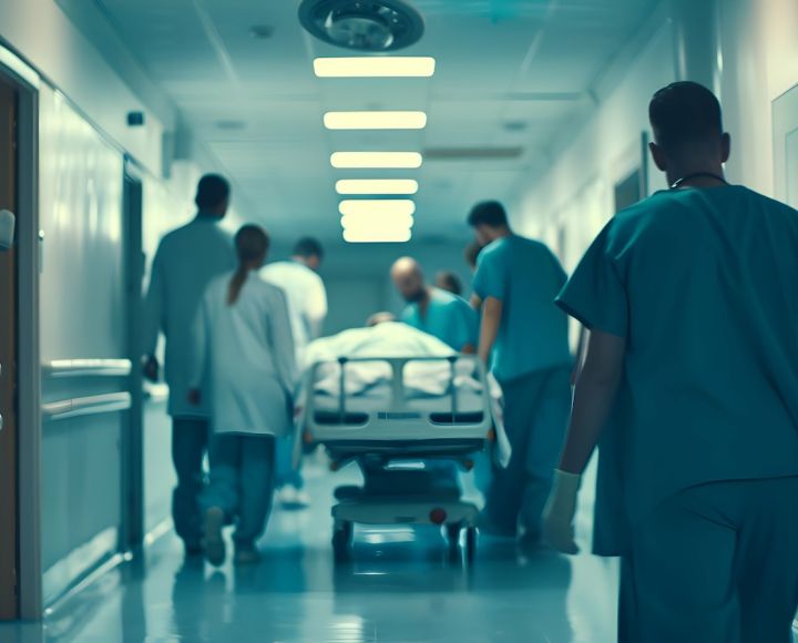 Hospital corridor scene with medical team pushing a patient on a gurney towards an operating room.
