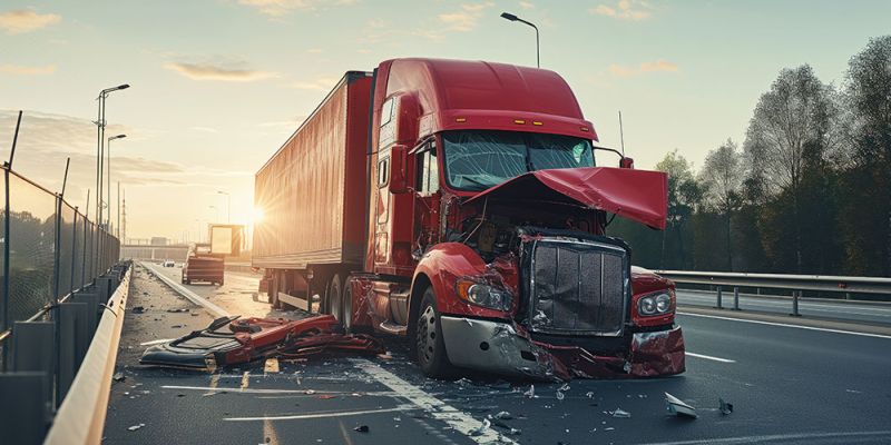 Red truck damaged in a highway accident, debris scattered, early morning light in the background.