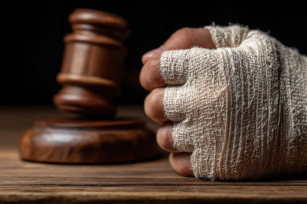 Injured hand wrapped in bandage beside judge's gavel on wooden table. Legal justice and personal injury concept.