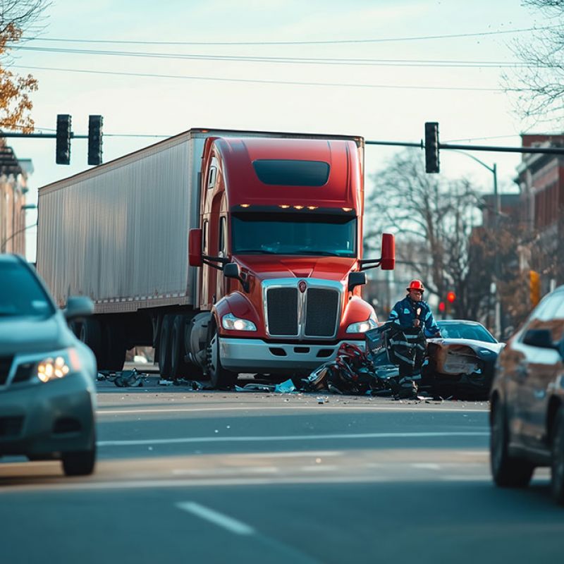 Traffic accident involving a red truck and vehicles at an urban intersection.