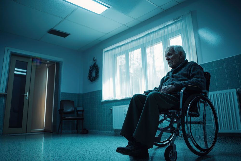 Elderly man in wheelchair sits alone in a dimly lit room, near a window with natural light.