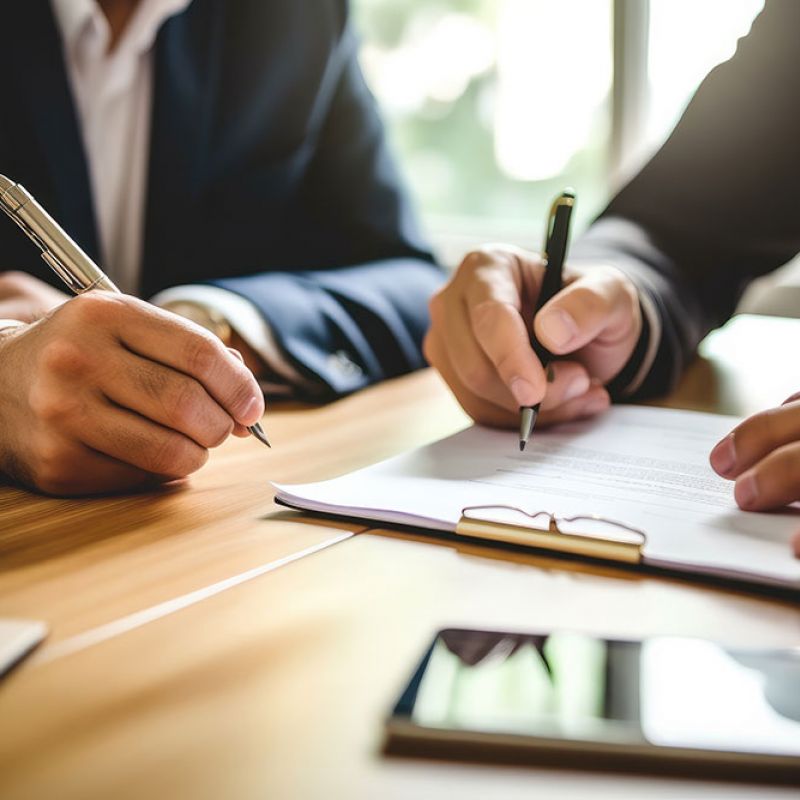 Two business professionals signing documents at a wooden desk, emphasizing collaboration and partnership.
